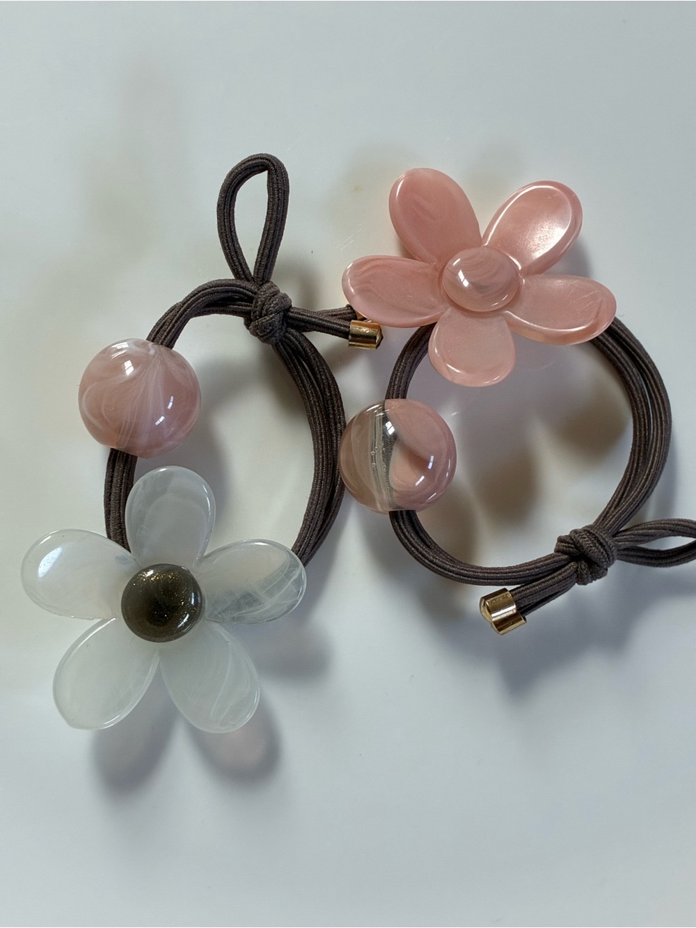 Floral Resin Hair Ties Set - Pink & White Flower Charms
